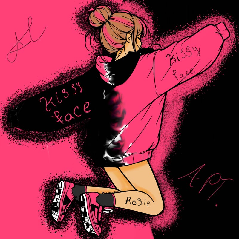 realistic girl jumping with a bun and oversized sweatshirt