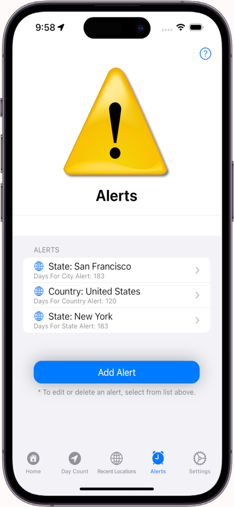 Domicile365 Residency Tracker - Domicile365 app alerts screen displaying day count thresholds for San Francisco New York and the United States for tax residency tracking