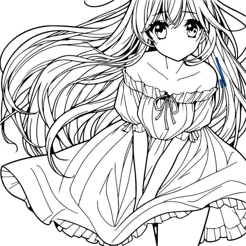 manga girl with long flowing hair and a dress that is pushed down
