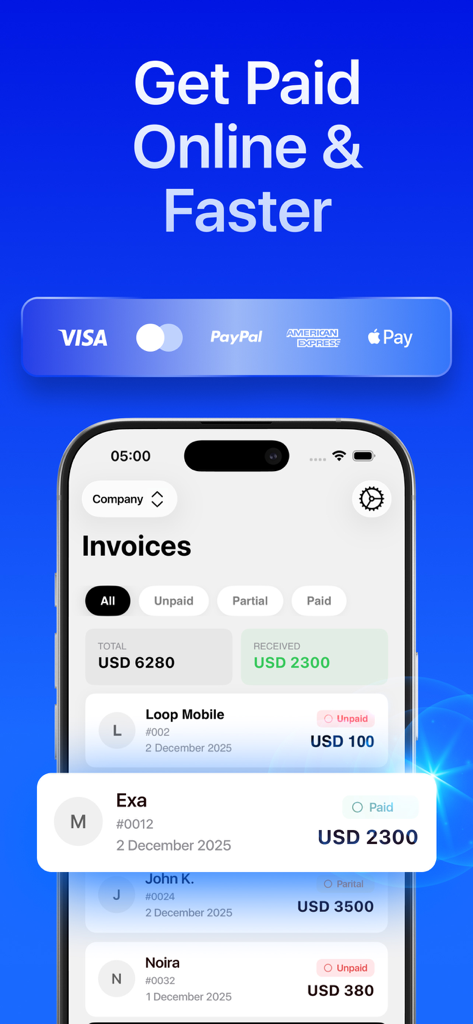 Panel móvil de InvoiceGo que muestra el seguimiento del estado de la factura y los métodos de pago en línea compatibles como Apple Pay y PayPal