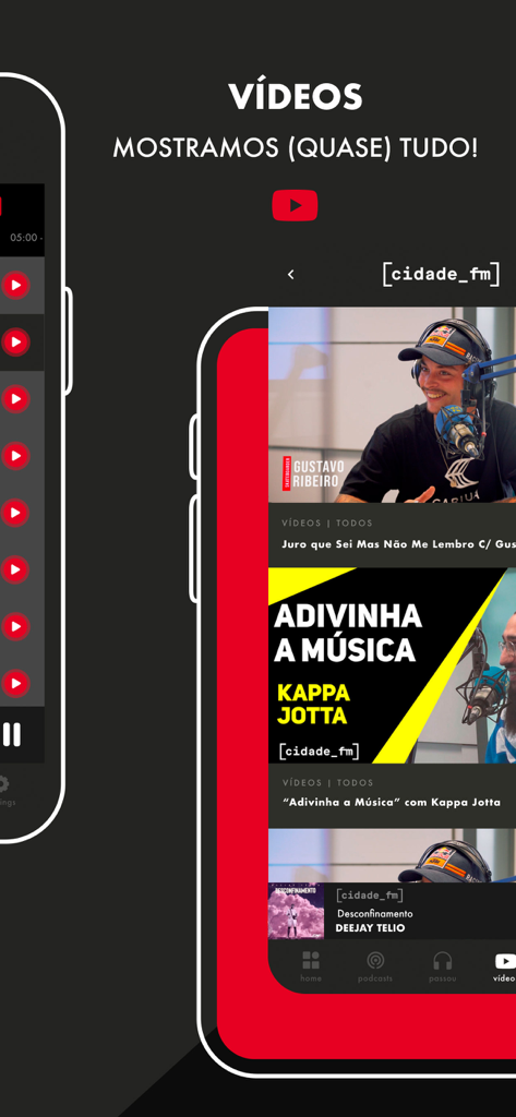 Secção de vídeo da aplicação Cidade FM com entrevistas de artistas musicais e conteúdo do YouTube.