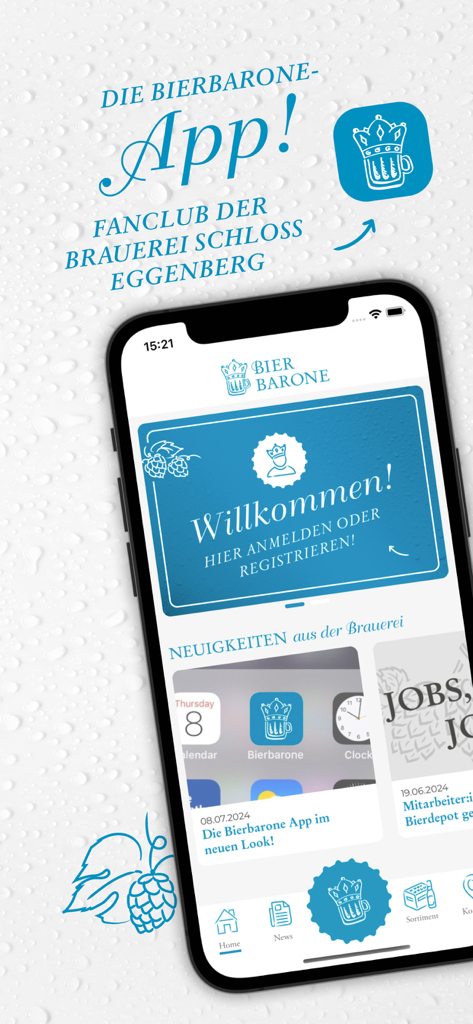 A tela inicial do aplicativo móvel Bierbarone para fãs da cervejaria Schloss Eggenberg, apresentando uma mensagem de boas-vindas e notícias da cervejaria.