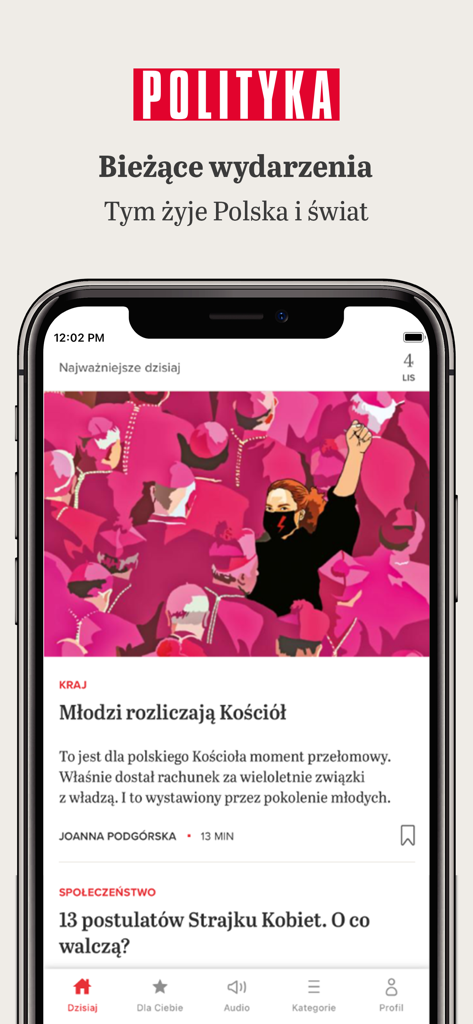 Polityka mobile app interface with current news articles