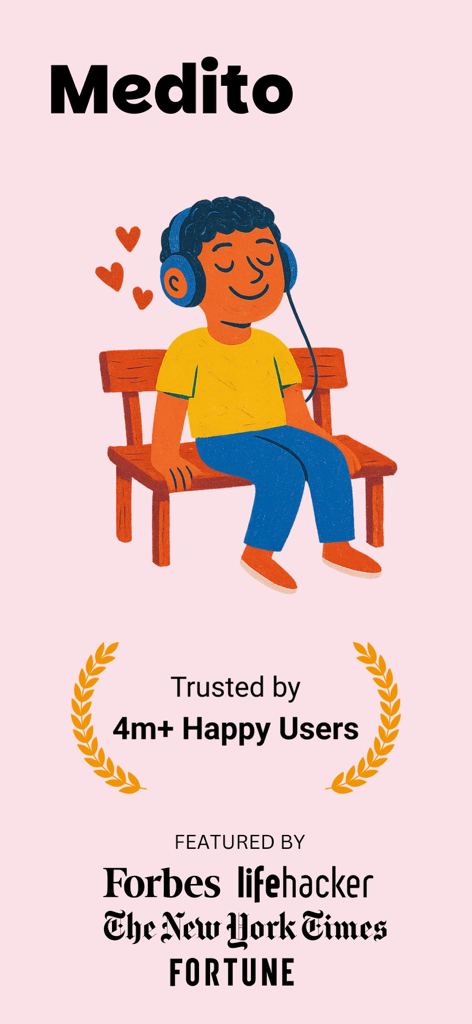 Medito: Guided Meditation App - Schermata dell'app Medito che mostra un'illustrazione di una persona che medita con cuffie e menzioni stampa da Forbes e The New York Times