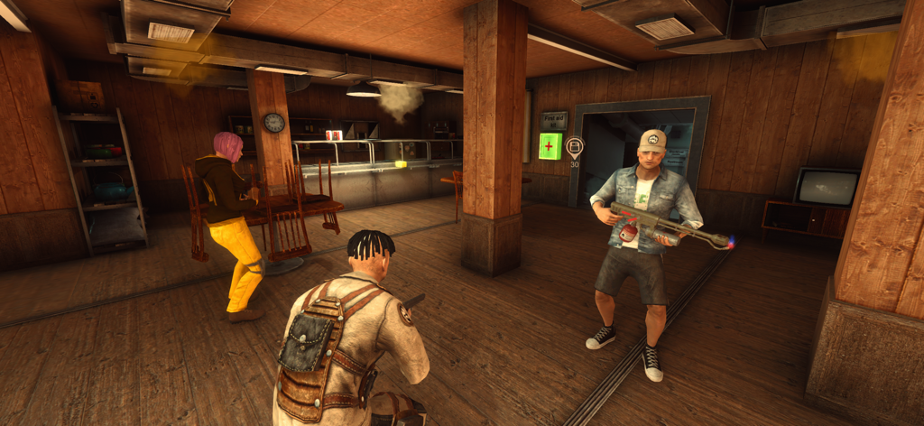 Three customized characters in a dark cafeteria room during a match of Mimicry Multiplayer Horror