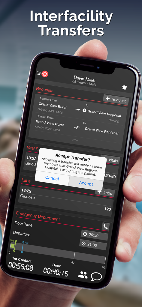 Pulsara: Medical Communication - A mobile phone screen showing a patient transfer request in the Pulsara medical communication app.