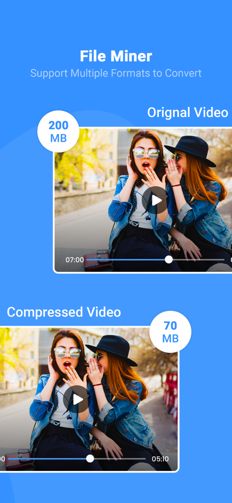 Una comparación dentro de la aplicación File Miner que muestra un video original de 200 MB reducido a un video comprimido de 70 MB manteniendo la calidad.