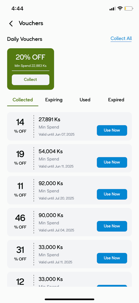 MSME by G3G - Vouchers screen in the MSME by G3G app showing available discount coupons for shopping