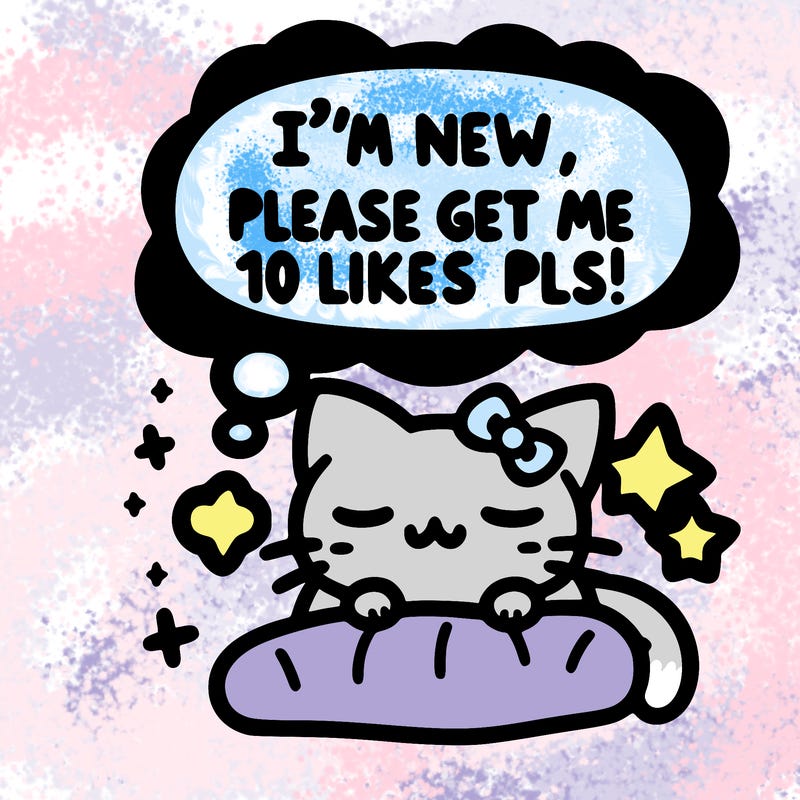 kitty taking a nap dream talking and saying "i'm new, please get me at least 10 likes pls!!"