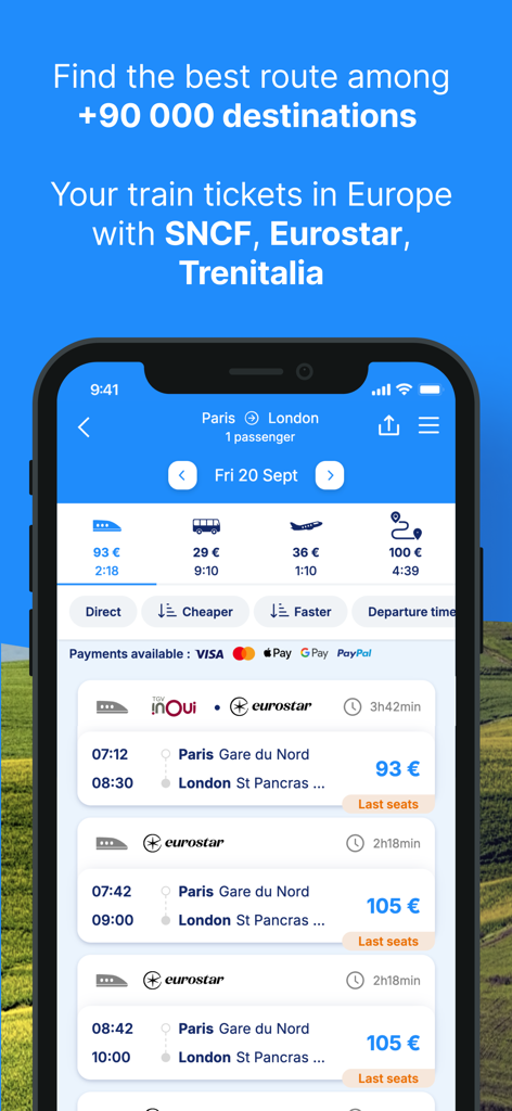 Interface de recherche de l'application Kombo pour les trajets en train et en bus de Paris à Londres