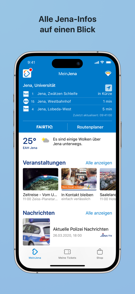 Home screen of the MeinJena app showing public transport schedules, local weather, and news for Jena.