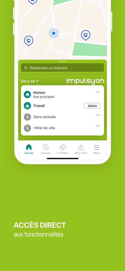 Impulsyon app home screen displaying a map with transit stops and search options for frequent destinations