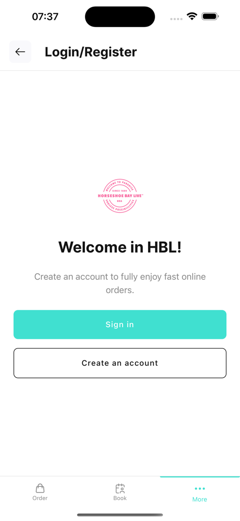 Horseshoe Bay Live - Welcome screen for login and registration on the Horseshoe Bay Live app