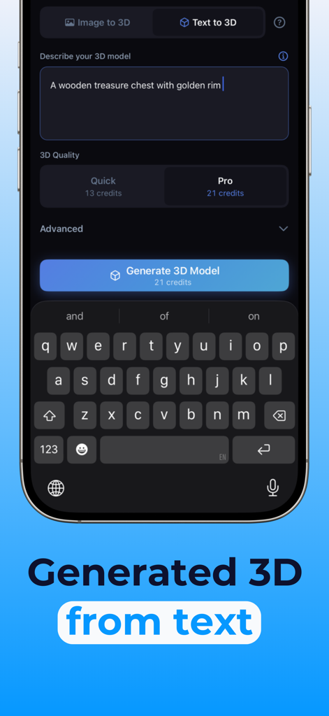 A mobile interface for generating a 3D model from a text prompt featuring options for quality and a button to generate.