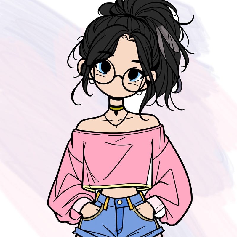 girl with a messy ponytail glasses a baggy crop top and jean shorts