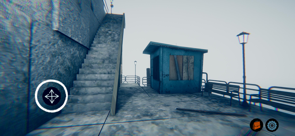 A surreal and foggy rooftop with a concrete staircase and a blue shack.