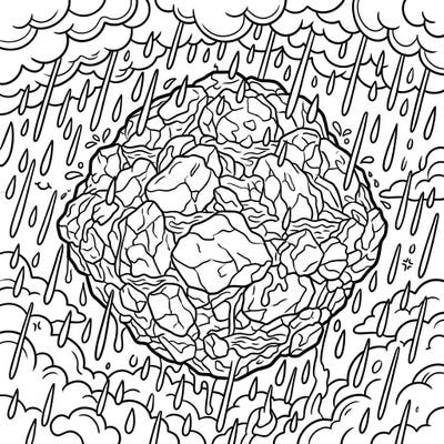 Dive into an extraordinary cosmic scene with this unique coloring page featuring the Bennu asteroid caught in a dramatic rainy day. This intricate design blends astronomical wonder with the cozy atmosphere of a storm, perfect for an engaging coloring session.