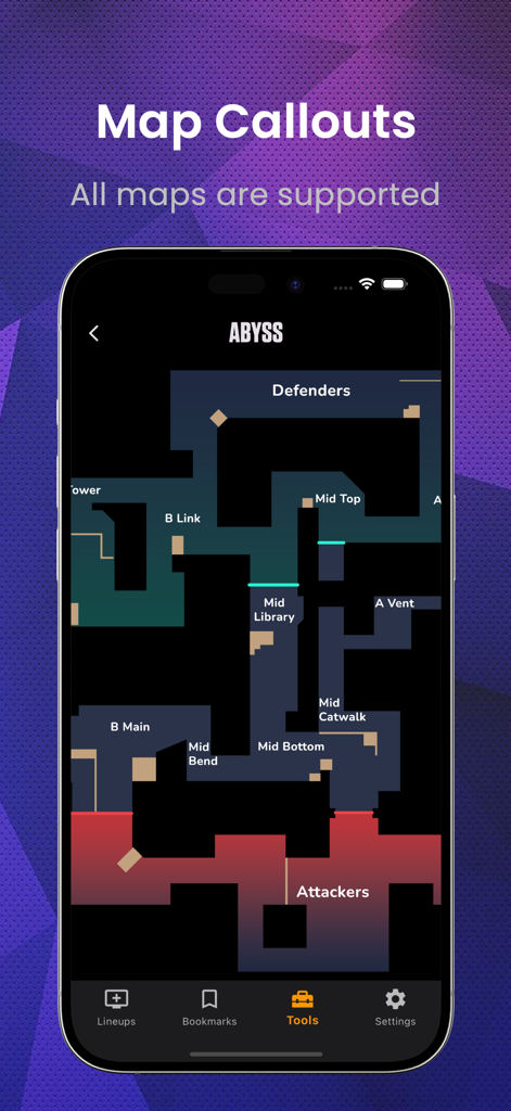 ValoGuide - Valorant Lineups - Interface de l'application mobile affichant les appels de carte détaillés pour la carte Abyss de Valorant