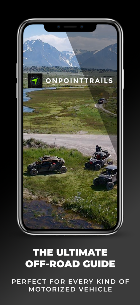 OnPoint Trails: OHV Trail Map - OnPoint Trails app interface showing off-road vehicles in a mountainous landscape with the headline The Ultimate Off-Road Guide