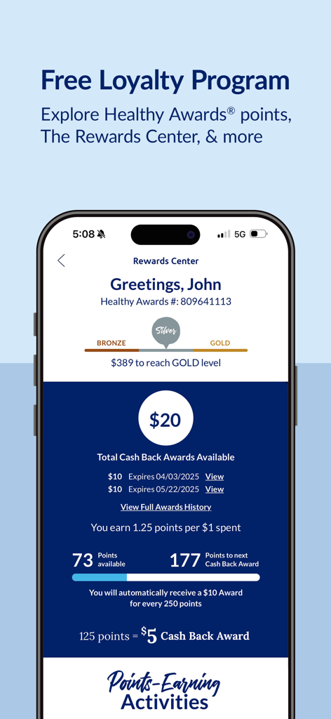 Rewards Center screen in The Vitamin Shoppe app displaying user loyalty points and cash back balance
