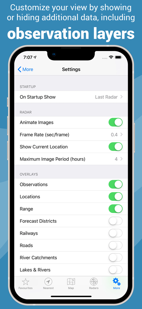Rain Radar Australia - Settings menu of the Rain Radar Australia app displaying customization options for radar animations and data overlays