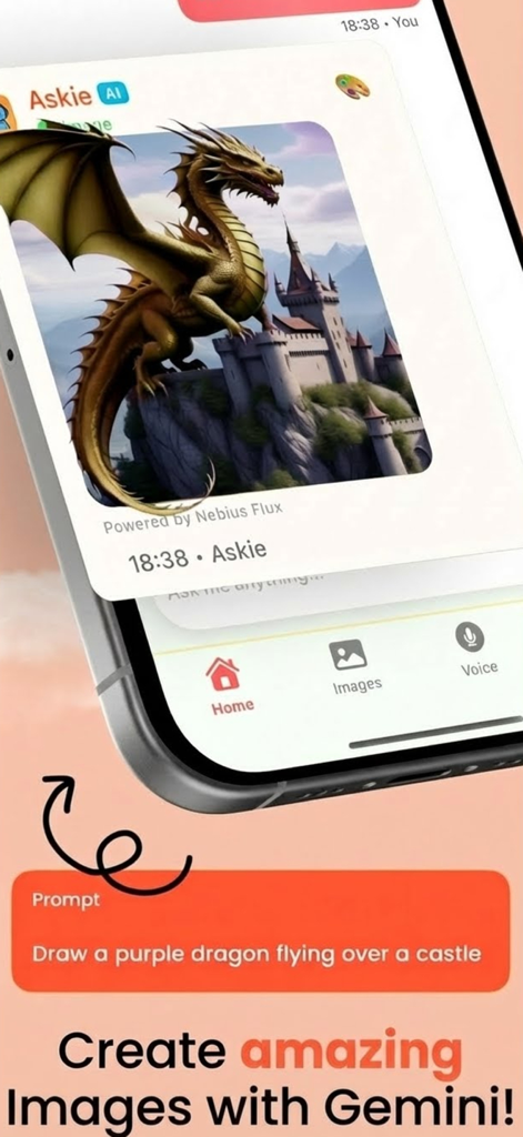 Askie AI for Kids mobile app interface showing an AI generated image of a dragon on a castle created from a text prompt.