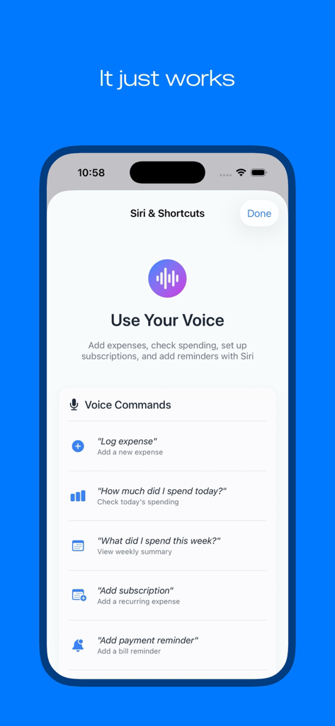 Pantalla de Siri y Accesos directos en la App de Presupuesto Familiar y del Hogar que muestra comandos de voz para registrar gastos y verificar gastos