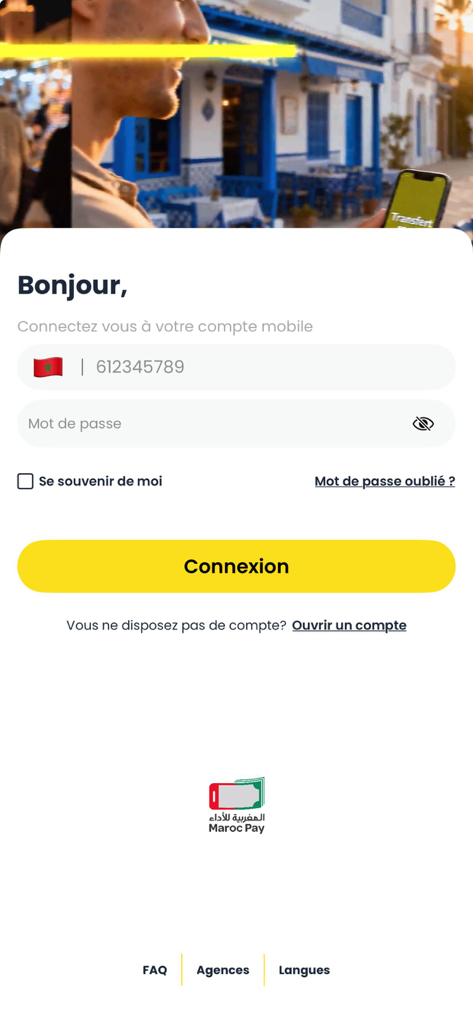 Interfaz de inicio de sesión de la aplicación móvil myWafacash que muestra la entrada del número de teléfono con la bandera marroquí y el botón de conexión amarillo