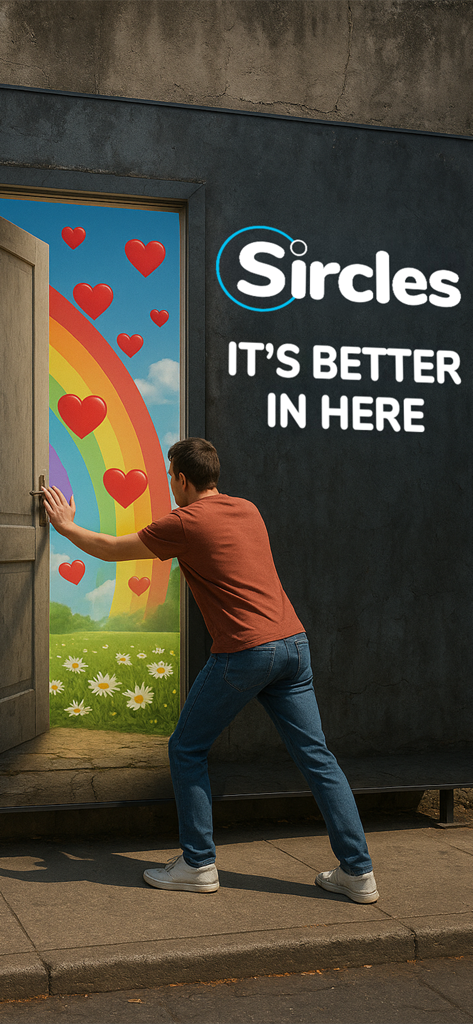 Un homme ouvre une porte d'un mur gris foncé vers un monde lumineux avec un arc-en-ciel et des cœurs rouges sous le logo Sircles.