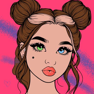realistic girl with two buns on her hair and lips