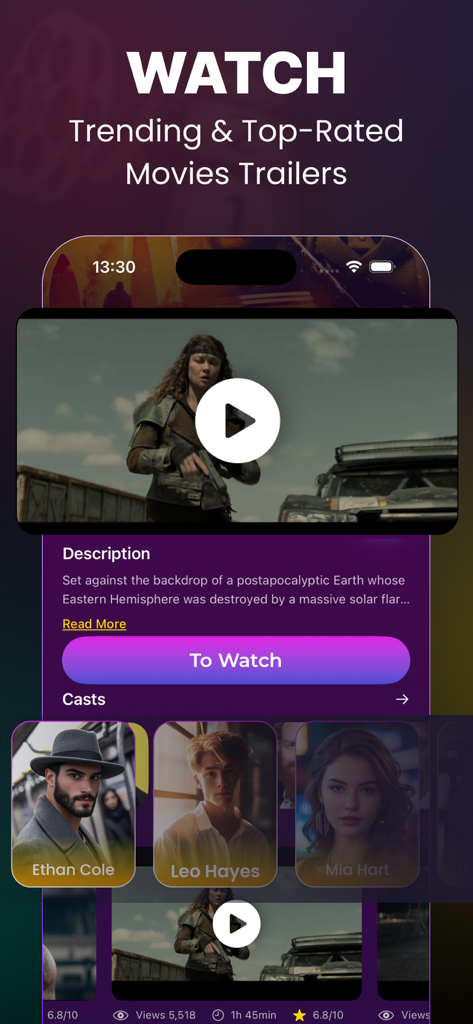 Buz Pro : TV Shows & Movies - Interfaz de la aplicación Buz Pro que muestra un reproductor de tráilers, descripción y perfiles de miembros del elenco.