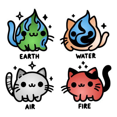 4 cats that represent the different elements, earth, water, air, and fire