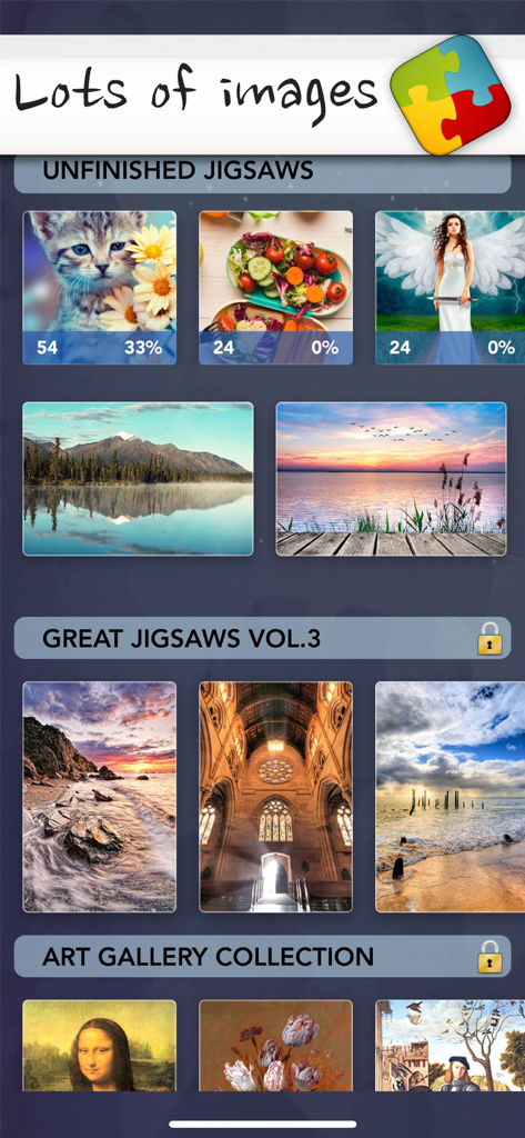 Puzzles & Jigsaws Pro - Jigsaw puzzle categories showing animals nature and art gallery collections in the app