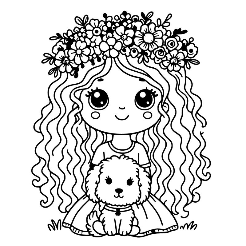 girl with curly hair with flower crown and cute puppy