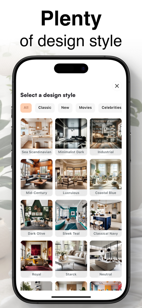 RoomGPTアプリのインターフェースに、スカンジナビアンやインダストリアルなどのインテリアデザインスタイルの選択肢が表示されています。