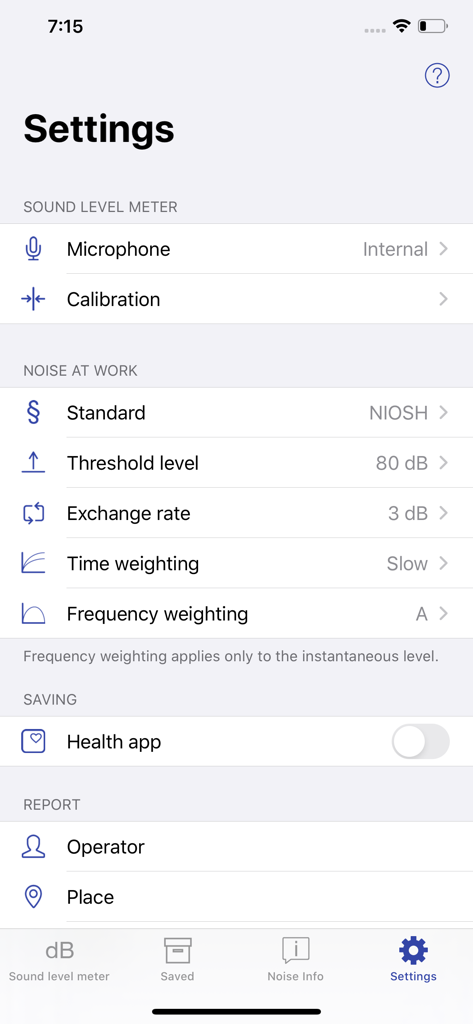 Settings screen of the NIOSH Sound Level Meter app showing calibration and noise measurement standards