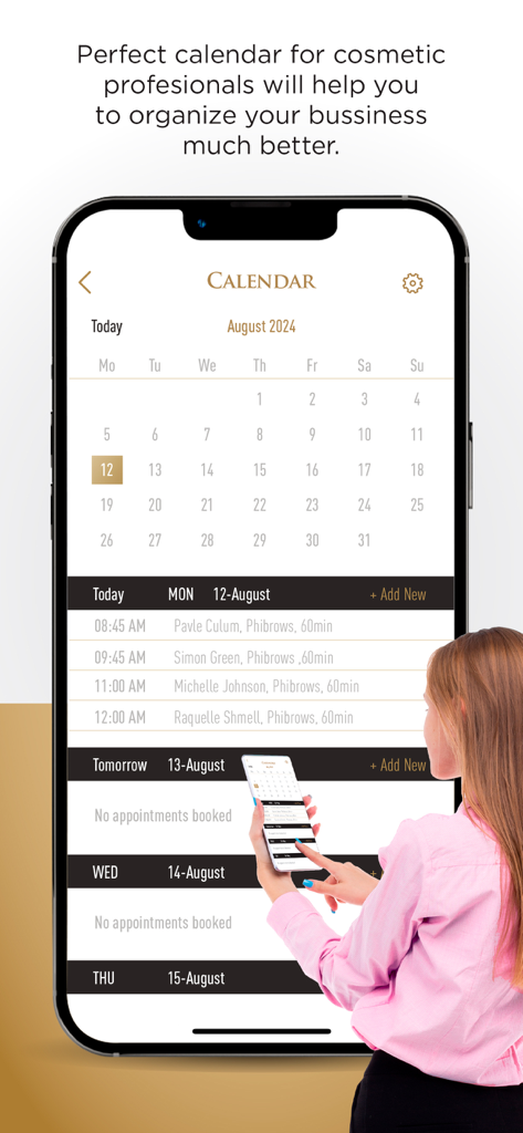 PhiApp Kalender-Oberfläche der mobilen Anwendung mit Terminen für professionelle Beauty-Behandlungen