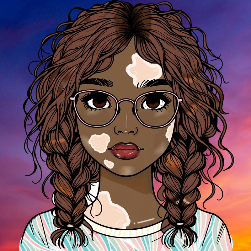 realistic girl with glasses and frizzy hair in braids