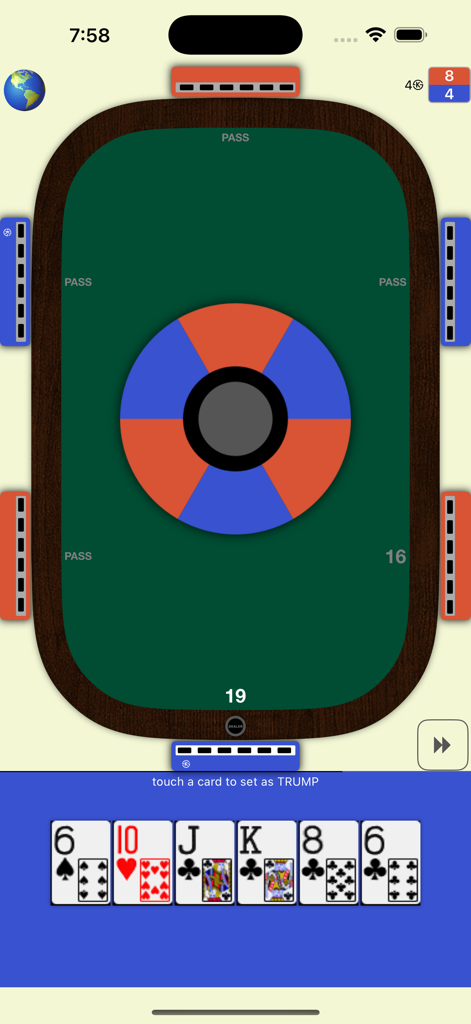 Super 28 - Gameplay screen of Super 28 card game showing a 6-player table and trump card selection