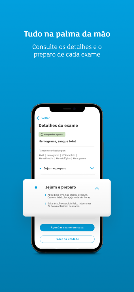 Pantalla de smartphone que muestra instrucciones de preparación para análisis de sangre y botones de programación en la app a+.
