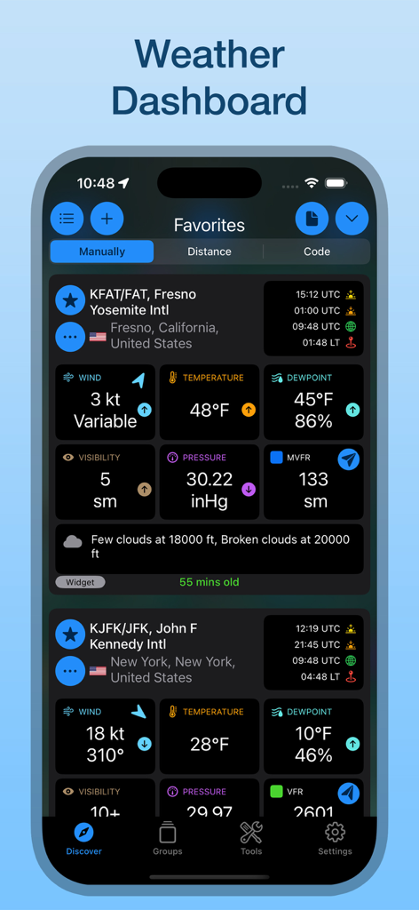 WX Aviation Weather app dashboard on iPhone showing detailed METAR and pilot weather data for airports