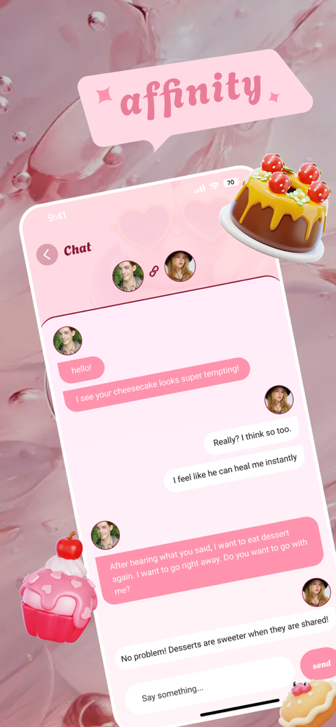 Salsa - Adult Firty Connect - ピンクのUIとデザート共有に関する会話を特徴とするサルサアプリのチャット画面。