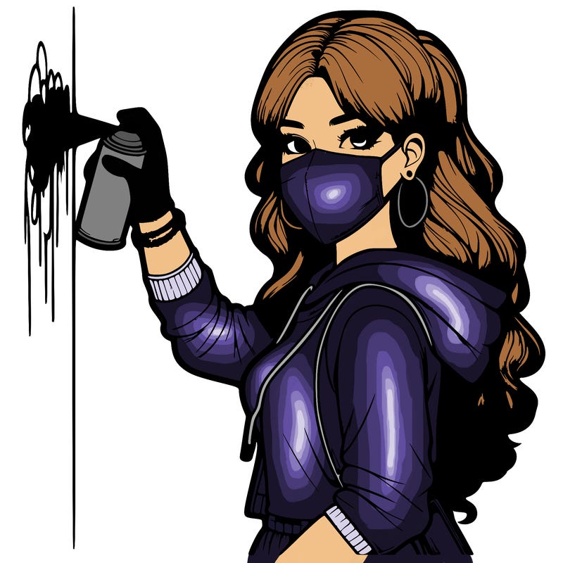 realistic girl with mask spray painting a wall