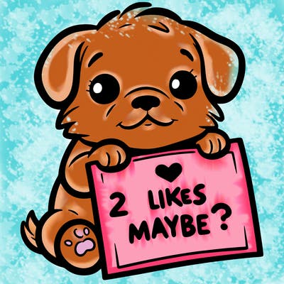 a puppy holding a sign that says 2 likes maybe?