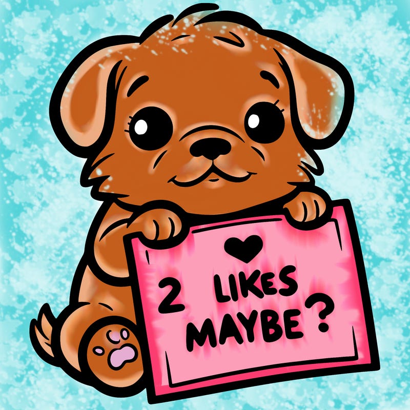 a puppy holding a sign that says 2 likes maybe?