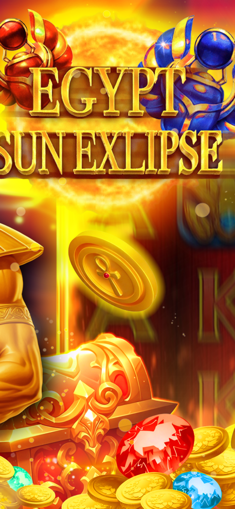 Egypt: Sun Eclipse - Pantalla de inicio del juego móvil Egypt Sun Eclipse con tesoros dorados, joyas y escarabajos egipcios