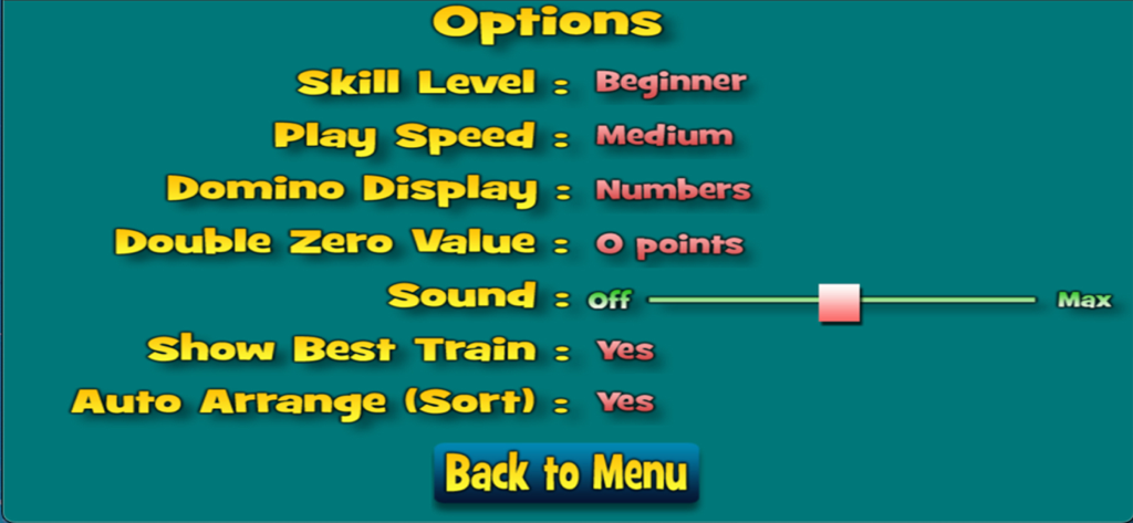 Settings screen for Mexican Train Dominoes 2 showing customizable game options like skill level and number display.