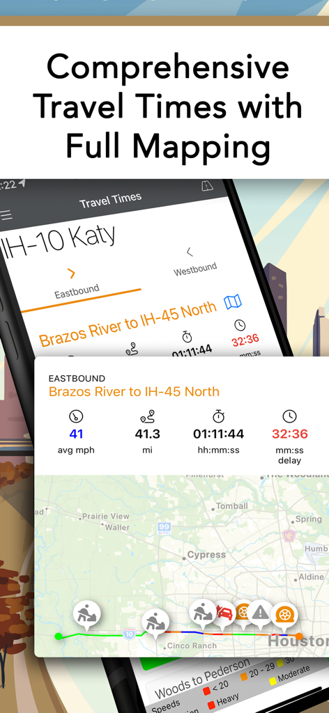 Houston TranStar app interface displaying IH-10 travel times and a detailed local traffic map.