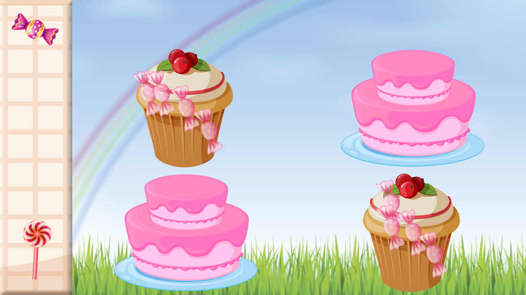 Schermata di un gioco di abbinamento di memoria per bambini con coppie di torte rosa e cupcake contro un cielo arcobaleno
