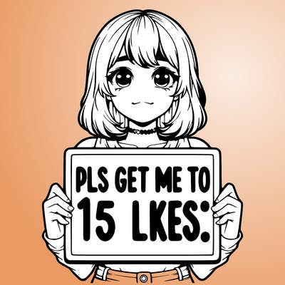 realistic girl holding up a sign that says “pls get me to 15 likes!”
